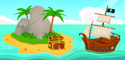 Obraz premium Wooden pirate ship near a tropical island with palm trees and stones and a treasure chest in the ocean