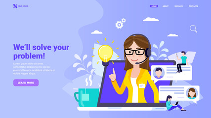 Call center, online customer support, problem solving 24/7, technical support and help landing page concept. Flat vector illustration with characters for web site, banner, landing page, hero image