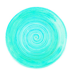Saturated cyan color round ceramic plate with spiral pattern, isolated