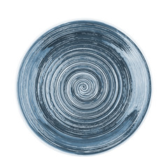 Fototapeta na wymiar Dark blue round ceramic plate with spiral pattern, isolated