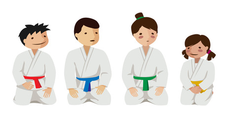 Asian children in uniform. Colorful vector flat illustration.