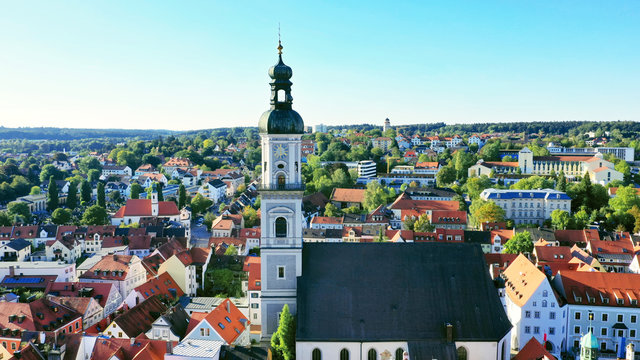 aerial of the St. Georg church in the city center of Freising, Marienplatz, Bavaria, Germany