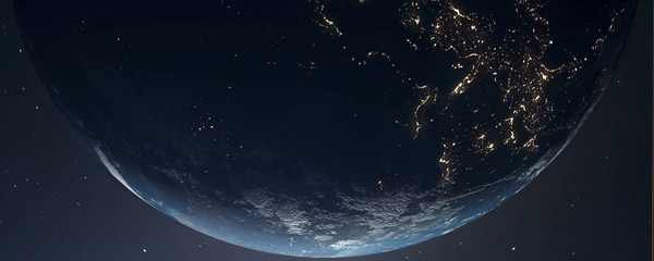 World and sun realistic 3D rendering. Shiny sunlight over Planet Earth, cosmos, atmosphere. Shot from Space satellite © Ser