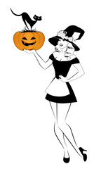 Beautiful retro pinup style witch holding a pumpkin and cat, isolated on white background