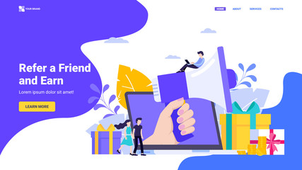 Refer a friend concept for landing page, web site, banner, hero image, flyer. Loyalty program, referral program flat vector illustration with characters.