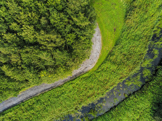 Aerial top view on small path in a green park with a creek.
