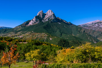 Hiking at Pedraforca Mountain, in the autumn (Pyrenees Mountains, Catalonia, Spain)