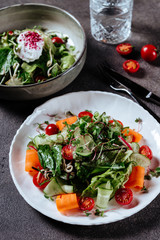 Healthy salad plate. Fresh seafood recipe. Grilled shrimps and fresh vegetable salad and egg. Grilled prawns. Healthy food. Flat lay. Top view