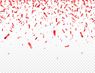 Christmas, Valentines day red confetti on transparent background. Falling shiny glitter. Festive party design elements.