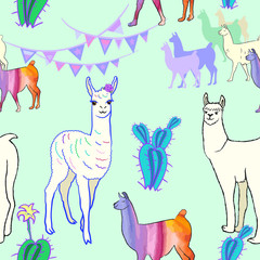 seamless pattern with llamas and cactus.male and female llamas in the background herds of futuristic colors, cacti, and flags with the holiday, the girl Lama expects everyone they look at it