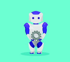 Modern robot that holds a gear, on a blue background. The concept of artificial intelligence.