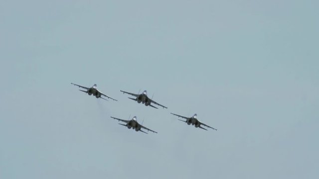 Flanker fighters in formation during air show