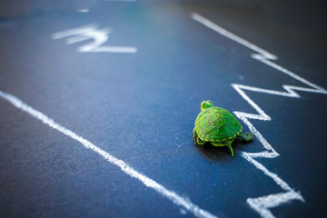 Slow but stable investment or low fluctuate stock market concept, miniature figure turtle walking on chalkboard with drawing price line graph of stock market value. Indian rupee exchange rate