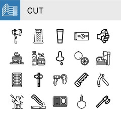 Set of cut icons such as Mutton, Axe, Grater, Gel, Butter, Butcher shop, Moisturizer, Nose bleeding, Orange, Ax, Cucumber, Otoscope, Saw, Shaving razor, Carving, Cutter , cut