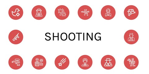 Set of shooting icons such as Shooting gallery, Photographer, Paintball, Paintball gun, Water gun, Shooting star, Hunter, Assault rifle ,