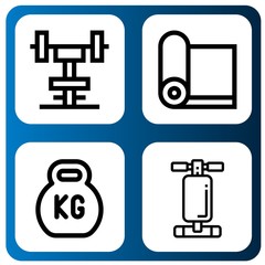 Set of workout icons such as Gym, Yoga mat, Kettlebell, Abdominal bench , workout