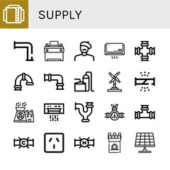 Set of supply icons such as Storage tank, Pipe, Car battery, Painter, Air conditioner, Wind turbine, Broken pipe, Nuclear power, Socket, Tower, Solar panel , supply