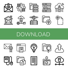 Set of download icons such as Email, Mail, Server, Cloud, Data storage, Upload, File, Ebook, Gauge, Download , download