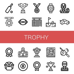 Set of trophy icons such as Cricket, Medal, Trophy, American football, Scoreboard, Kneepad, Golf, Racing car, Hockey helmet, Reward, Billiard, Sport, Referee , trophy