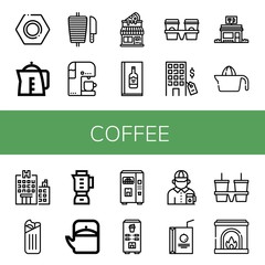 Set of coffee icons such as Nut, Kettle, Shawarma, Coffee machine, Pizza shop, Wine menu, Cup carrier, Hotel, Restaurant, Juicer, Blender, Teapot, Juice, Gas station attendant , coffee