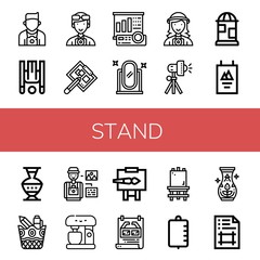 Set of stand icons such as Photographer, Inversion therapy, Drawing board, Projector screen, Full length mirror, Studio lighting, Poster, Pottery, Stationery, Mixer, Easel , stand