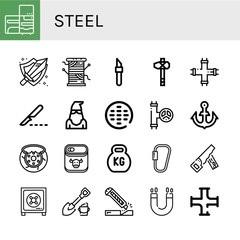 Set of steel icons such as Refrigerator, Sword, Thread, Scalpel, Axe, Pipe, Executioner, Sewer, Valve, Anchor, Brake, Canned food, Kettlebell, Carabiner, Hand saw, Safe box , steel