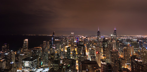 Fototapeta na wymiar Aerial panoramic view of Chicago skyline at night, Illinois, USA