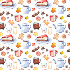 Seamless pattern with coffee cups, tea, hot chocolate, cheesecakes, candles and colorful autumn leaves. Watercolor illustration isolated on white background.