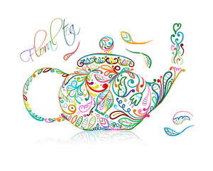 Teapot sketch with floral tea for your design
