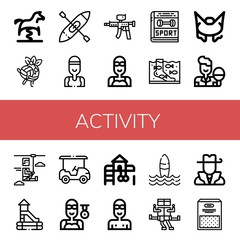 Set of activity icons such as Spring swing horse, Volleyball, Kayak, Swimmer, Paintball gun, Sport, Fish therapy, Bungee jumping, Table tennis, Zip line, Slide, Golf cart , activity