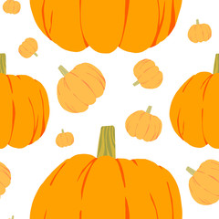 Vector seamless pattern with orange pumpkins on white background. Fall season. Halloween illustration. October harvest. Thanksgiving day
