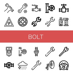 Set of bolt icons such as Wrench, Voltage, Valve, Flash, Storm, Shocked , bolt