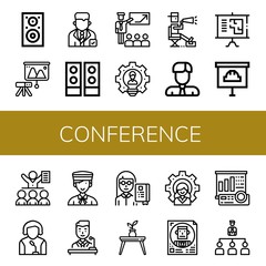 Set of conference icons such as Speaker, Projector, Politician, Speakers, Presentation, Leader, Director, Businessman, Meeting, Bellboy, Professor, Table, Projector screen , conference
