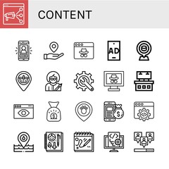 Set of content icons such as Seo, Vlog, Placeholder, Webpage, Ad, Writer, Content, Ads, Visual, Money bag, Web development, Sketchbook, Script, Viral , content