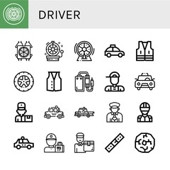 Set of driver icons such as Wheel, Pizza deliver, Taxi, Vest, Pedal, Delivery boy, Delivery man, Taxi driver, Racer, Delivery guy, Belt , driver