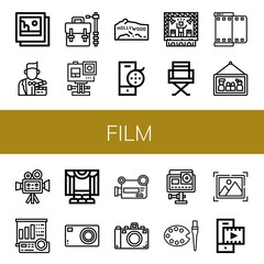 Set of film icons such as Pictures, Actor, Camera bag, Action camera, Hollywood, Film reel, Stage, Director chair, Film, Picture, Cinema camera, Projector screen, Theater ,