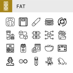 Set of fat icons such as Donut, Bathroom scale, Smoked sausage, Cheeseburger, Metabolism, Vitamin, Packet, Chocolate, French fries, Vitamins, Crisps, Sumo, Wrestler, Walrus , fat