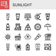 Set of sunlight icons such as Brightness, Sunscreen, Solar panel, Eclipse, Sun cream, Sand castle, Sun, Sun umbrella, Solar, Rain, lotion , sunlight