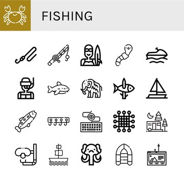 Set of fishing icons such as Crab, Fishing rod, Surfer, Worm, Jet ski, Dive, Shark, Mammoth, Fishing, Sailing boat, Trout, Hooks, Keylogger, Net, Camping, Galleon, Inflatable boat ,