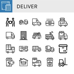Set of deliver icons such as Box, Delivery, Cargo truck, Cardboard box, Food delivery, Van, Truck, Delivery truck, Concrete mixer, Mobile, Home Forklift , deliver