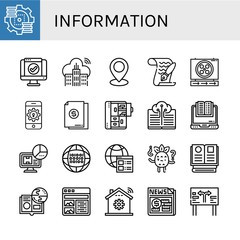 Set of information icons such as Server, Service, Cloud, Location, Paper, Sign, Password, Document, Cabinet, Digital, Ebook, Statistics, Binary code, Website, Confused , information