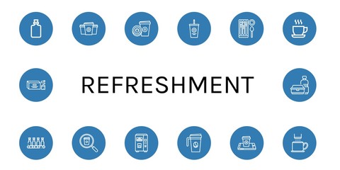 Set of refreshment icons such as Bottle, Paper cup, Soda, Churros, Cup, Coffee cup, Juice, Tea bag, Plastic bottle , refreshment