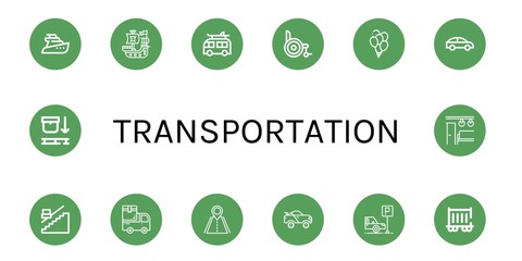 Set of transportation icons such as Yatch, Pirate ship, Camper, Wheelchair, Balloons, Car, Stair, Van, Road, Racing car, Parking, Railway carriage, Use pallet , transportation