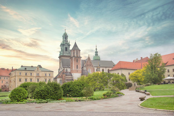 Fototapeta na wymiar Beautiful view of the Cathedral of Saints Stanislav and Wenceslas (Wawel Cathedral) and the Royal Castle in Krakow, Poland