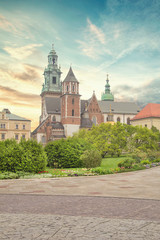 Beautiful view of the Cathedral of Saints Stanislav and Wenceslas (Wawel Cathedral) and the Royal Castle in Krakow, Poland