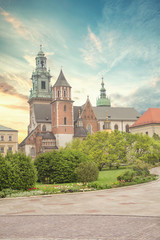 Fototapeta na wymiar Beautiful view of the Cathedral of Saints Stanislav and Wenceslas (Wawel Cathedral) and the Royal Castle in Krakow, Poland