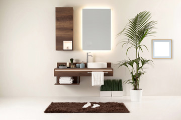 brown cupboard designed clean bathroom decorative lamp