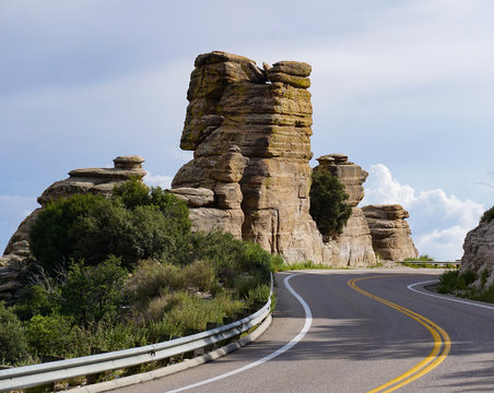 Scenic Mt. Lemmon Highway with its distinctive rock towers, near Windy Point Vista, Santa Catalina Mountains, a popular Tucson, Arizona summer drive.