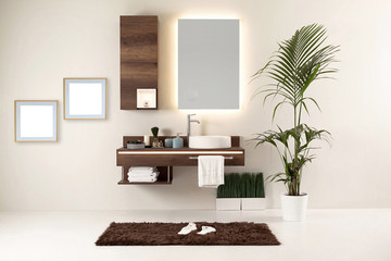 brown cupboard designed clean bathroom decorative lamp