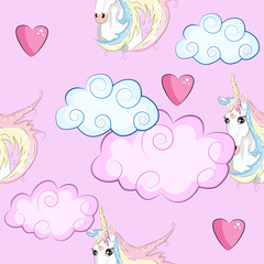 Seamless pattern with unicorns, stars, clouds and abstraction, paint splashes. Endless cute colorful background. Hand drawn cartoon doodle sketches.